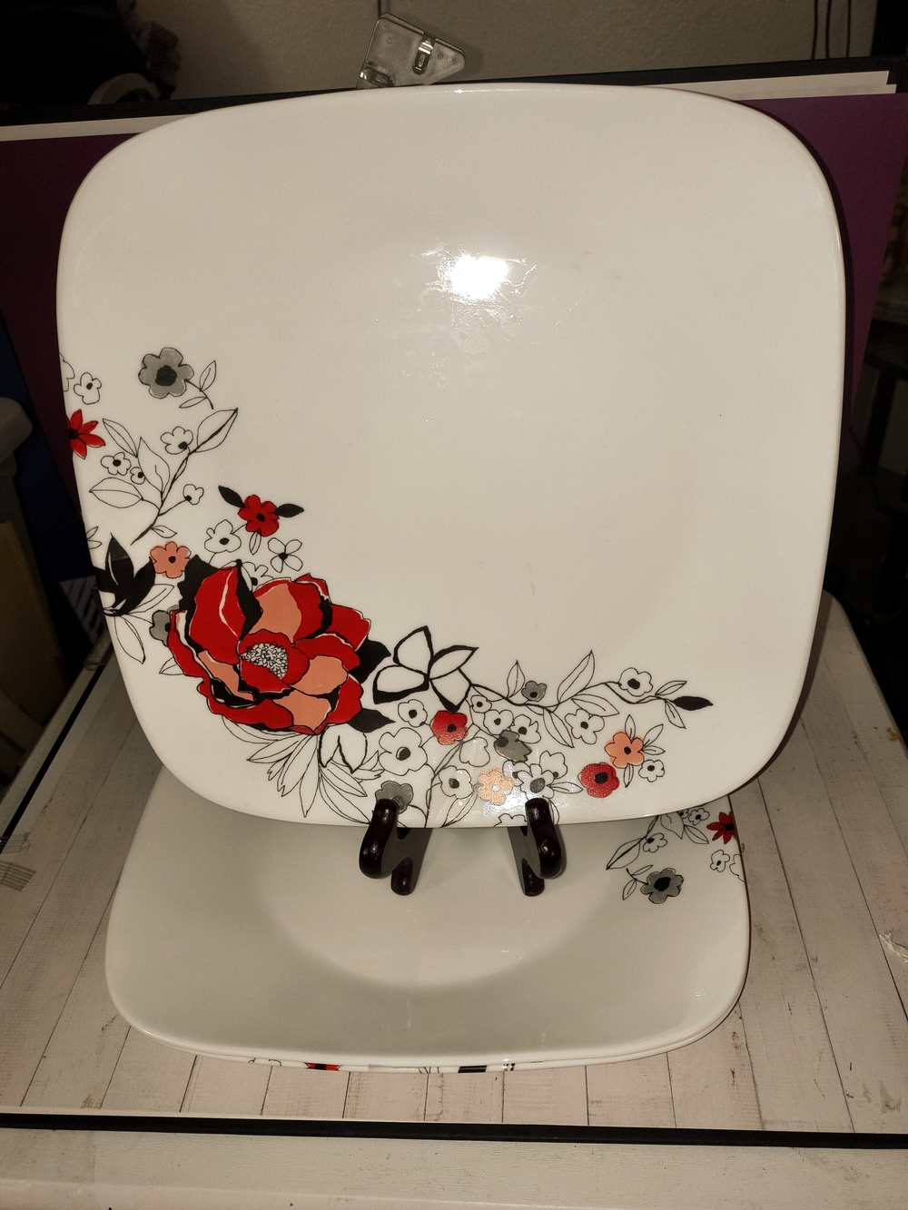 Corelle Square Chelsea Rose Pattern Dinner Plates Set Of 3